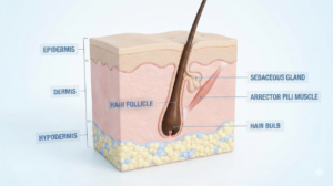 Medical Tourism Information and Treatment Planning in Türkiye 3 Scientific cross-section diagram of a healthy human hair follicle showing epidermis, dermis, and hair bulb layers for hair transplant education.