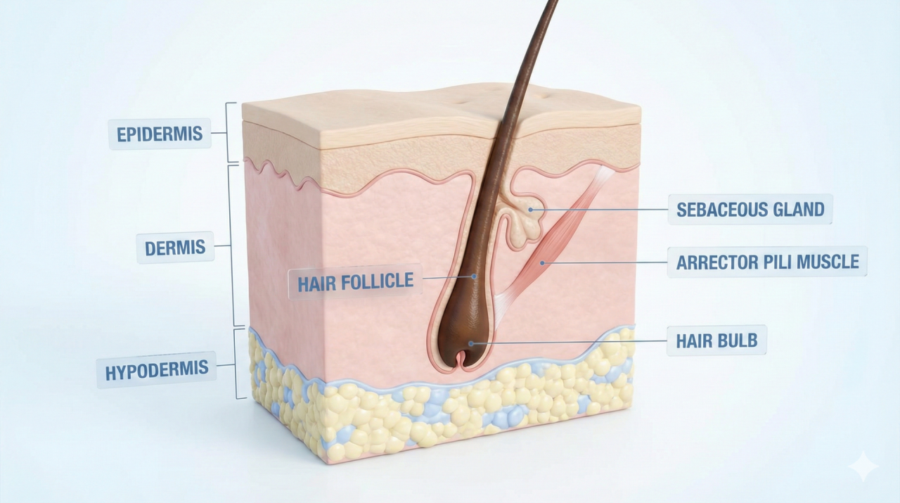 Scientific cross-section diagram of a healthy human hair follicle showing epidermis, dermis, and hair bulb layers for hair transplant education.