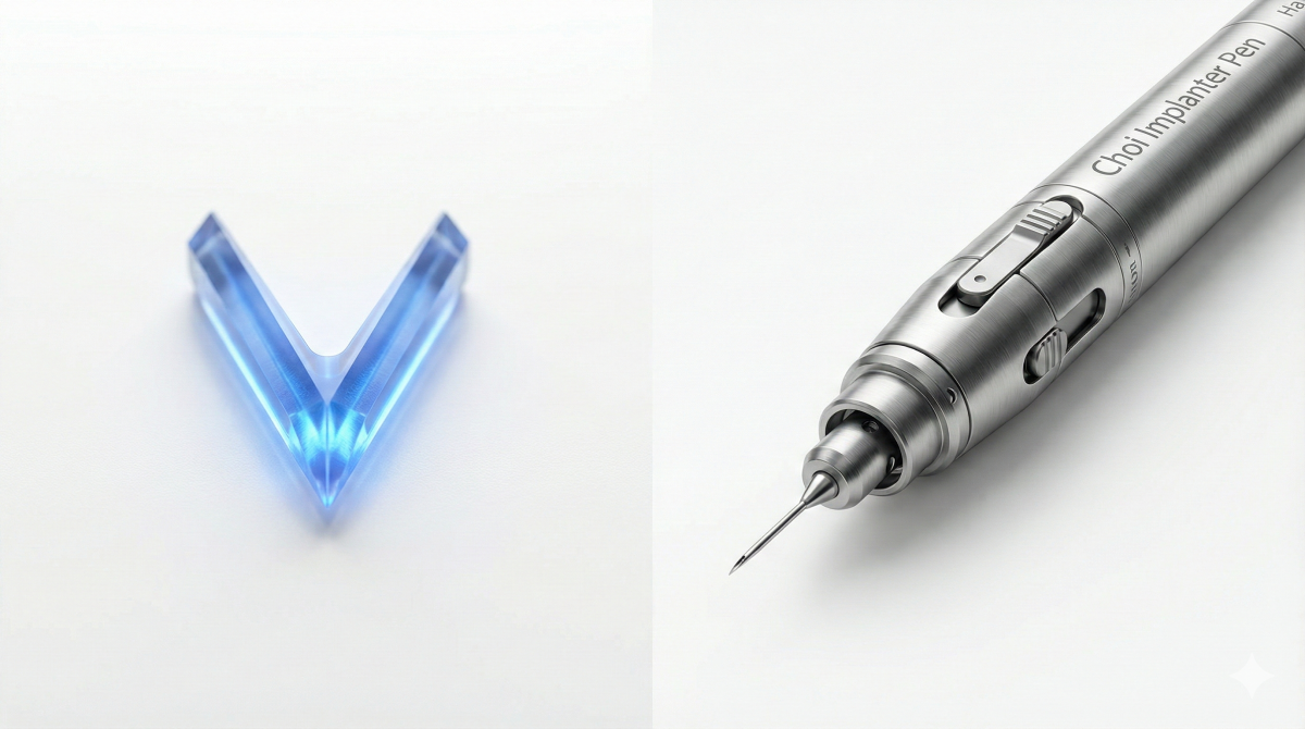 Close-up comparison of Sapphire FUE blade and DHI Choi Implanter Pen for hair transplant methods.